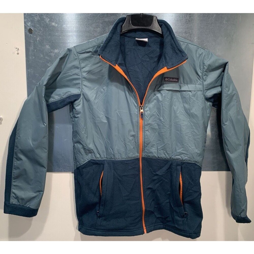 Columbia Full-Zip Nylon Overlay Fleece Jacket  Zip Pockets Youth XL Green